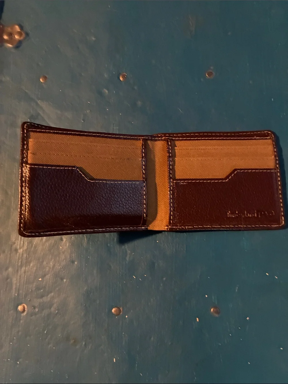 Timberland PRO Dark Brown Leather Bifold Wallet with Orange Logo Patch-NWOT Tags